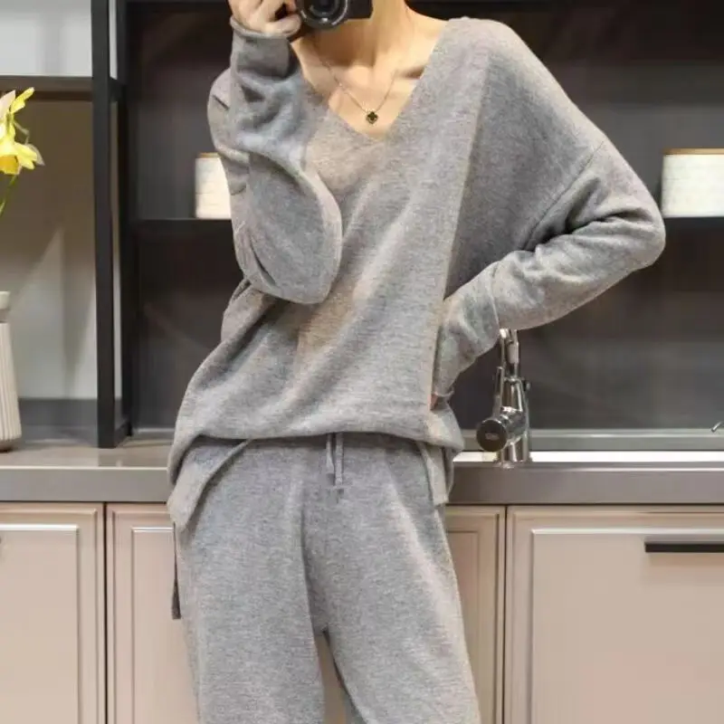 

Women's Clothing Fashion Wool Matching Sets Autumn/Winte 2025 New Loose Sweater Pant Sets Lady Casual Pullover V-neck Simple Top