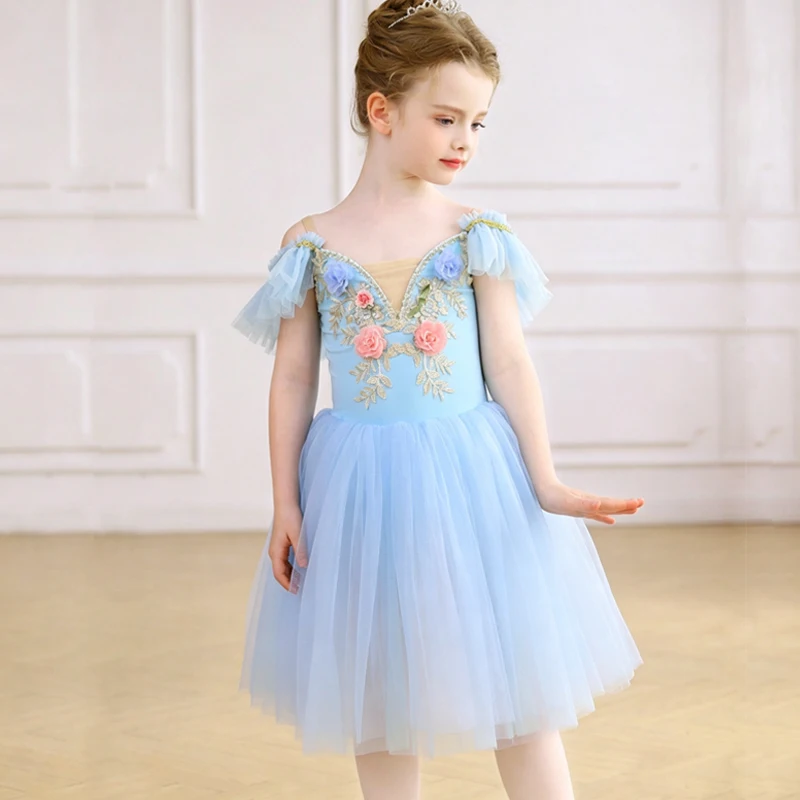 

Professional Romantic Tutu long Ballet Gauzy Dress 3D Flower Fly sleeve Ballerina Party Dress Children Girl Ballet Dance Costume