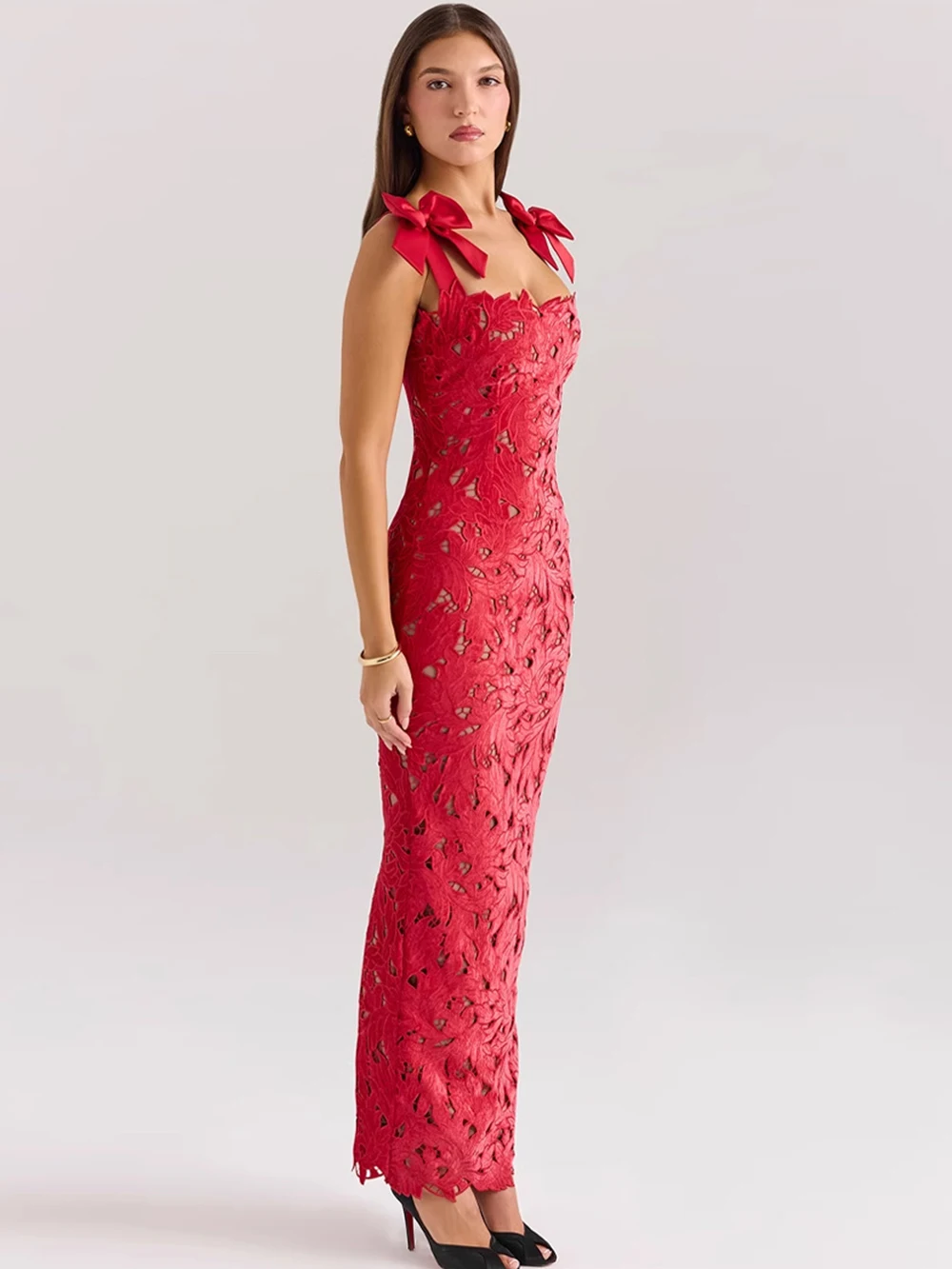 الأوروبية والأمريكية الأزياء مثير الدانتيل جوفاء مزاجه فراشة ضمادة التخسيس حقيبة الأرداف فستان طويل أثواب رسمية #5