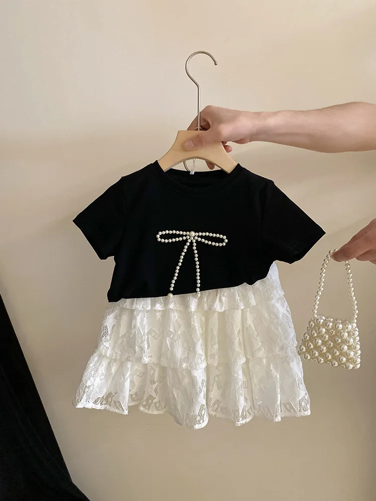 T-shirt Thin Girls Summer New Korean Bow Knot Short Sleeved Skirt Childrens Clothing 2024 Round Collar Simple Bows Fashion