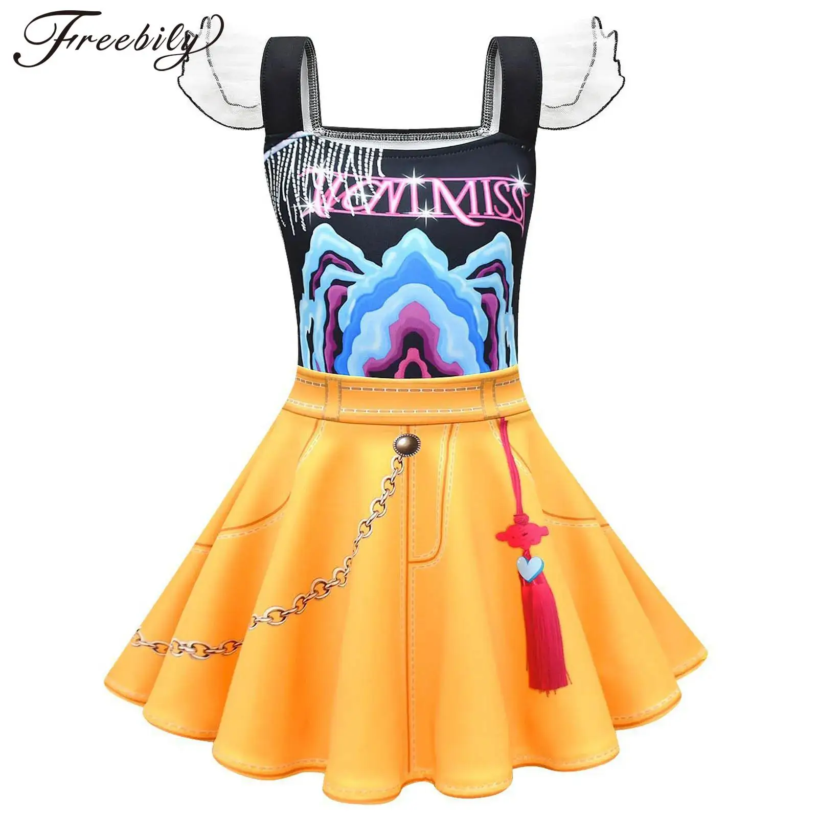 

Girls Anime Singer Dress Cute Cartoon Print Flying Sleeve A-Line Ruffled Dresses for Singers Leader Stage Performance Dance Wear