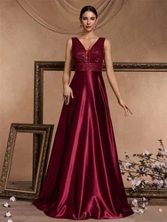 XUIBOL Elegant Sequins Evening Dress 2024 Women Deep V-neck Satin Prom Party Green Dress Floor Length Navy Blue Formal Gown