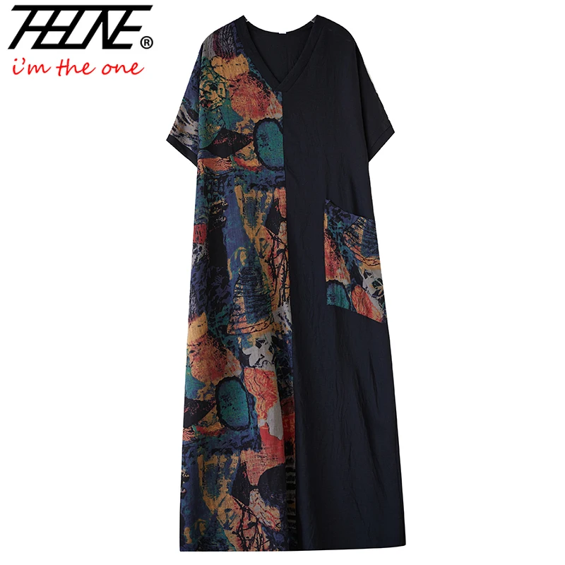 THHONE Summer Dress Women Vintage Loose Print Patchwork Pockets Beach Vestidos De Mujer Casual Bohemian Robe Long Maxi Dresses