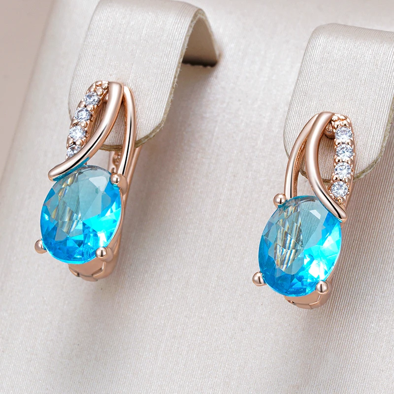 Kinel Hot Shiny Oval Blue Natural Zircon English Earrings for Women 585 Rose Gold Color High Quality Daily Fine Ethnic Jewelry