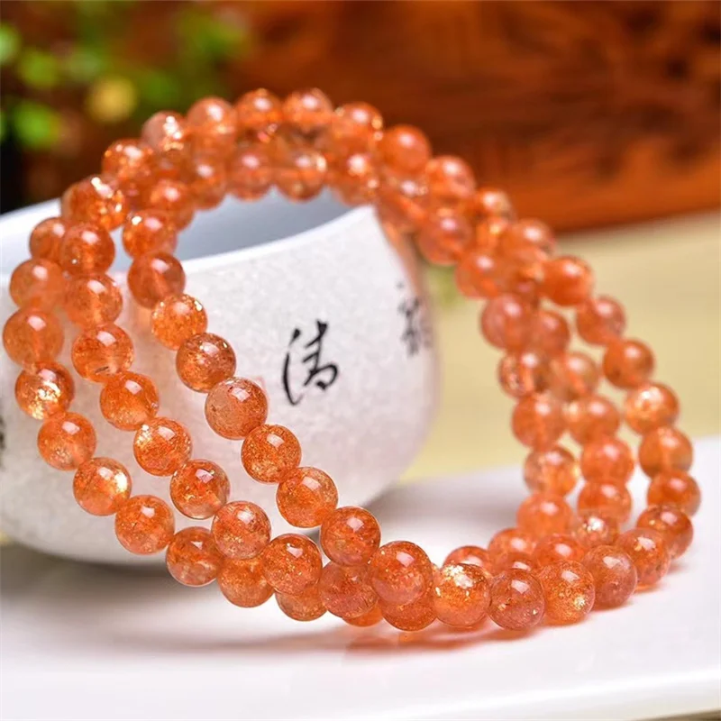 6MM Natural Gold Strawberry Quartz Triple Circle Bracelet Gemstone Crystal Reiki Healing Gemstone Bracelet Fengshui Jewelry Gift