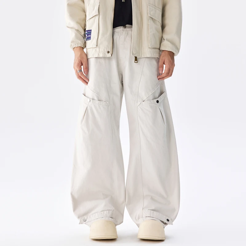 

High Street Men's Cargo Trousers Solid Color Casual Wide Leg Deconstruction Curved Knife Pants All-match Bottom Male Spring