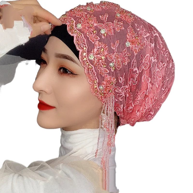 Luxury Embroidery Rhinestone Beaded Tassel Turban Cap Muslim Women Hijab Bonnet Headscarf Wedding Ramadan Eid Party Head Wrap