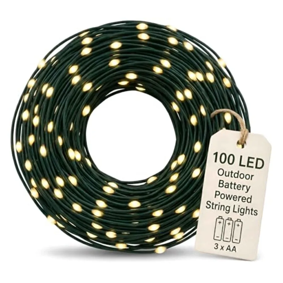 Outdoor Christmas Lights - Fairy Lights Battery Operated with Small Warm White LEDs, Green Wire, Multifunction, 6hr Timer, Indo