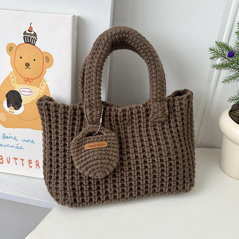 Woven Bag Solid Color Handmade Crochet Bag Cute Woolen Handbag Autumn and Winter Wear Mobile Phone Bag