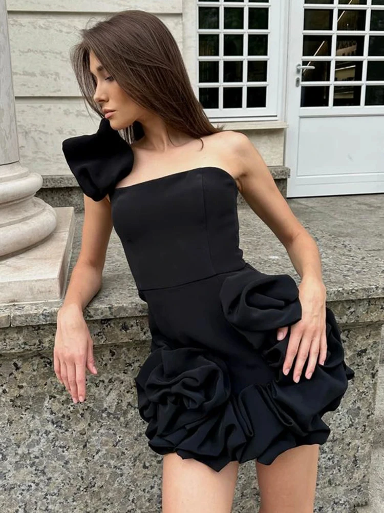 2024 Women Summer Sexy One Shoulder Sleeveless Slim Ruched Ruffles Black Dress Evening Stage Performance Dress Vestido