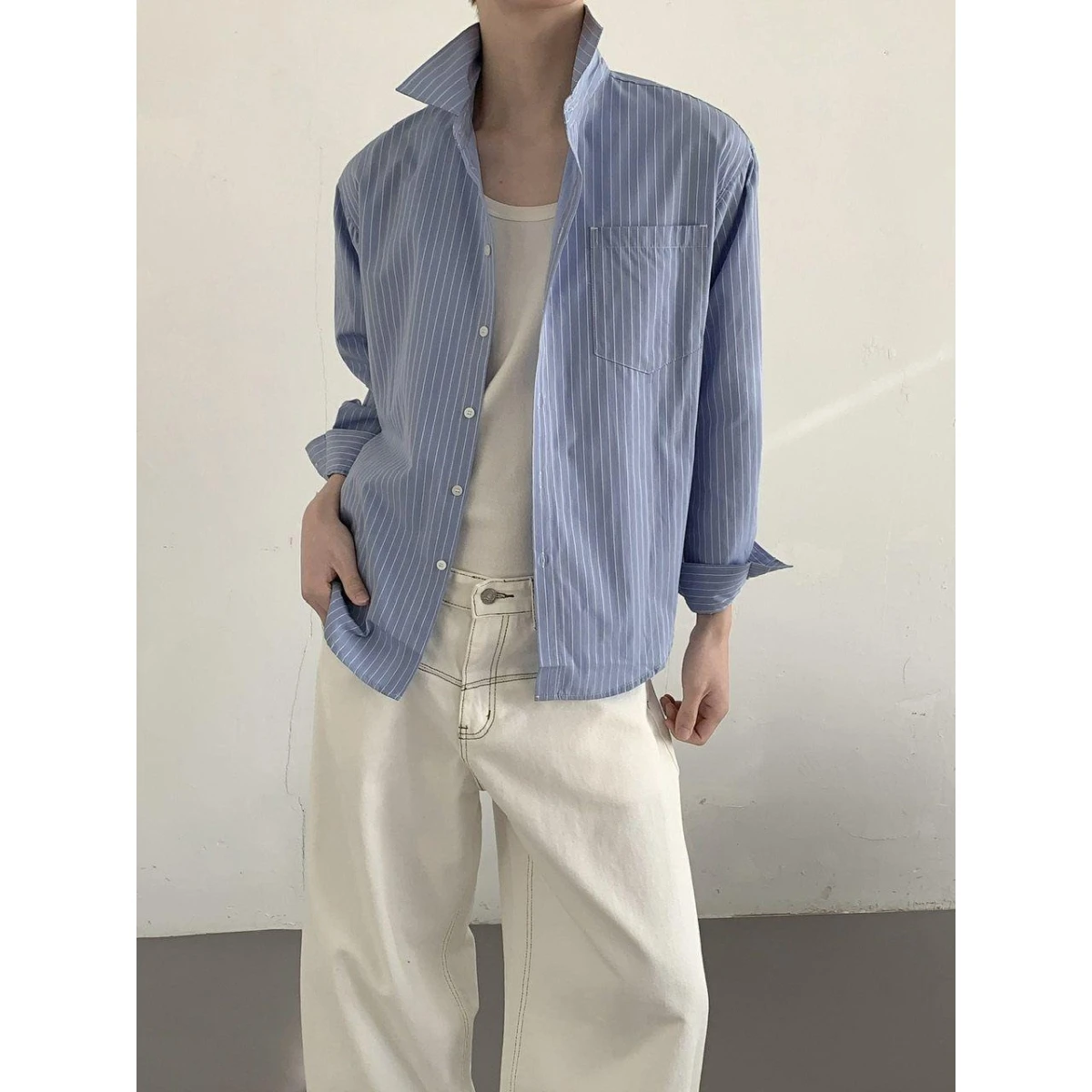 

Early Spring Design Lazy Blue Stripes Long Sve Men's Casual High Quali irt Korean Sle Loose Fit Polyester Fiber