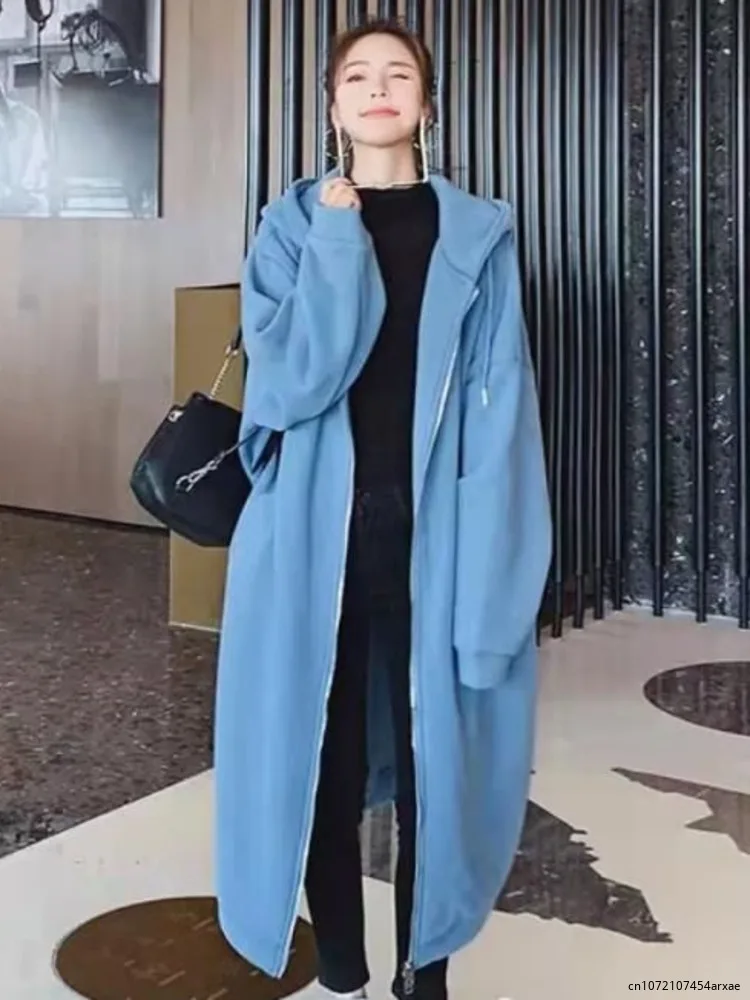 2023 Autumn Winter Women Long Trench Coat Office Lady Casual Zipper Outwear Long Sleeve Jackets Hooded Maxi Dress