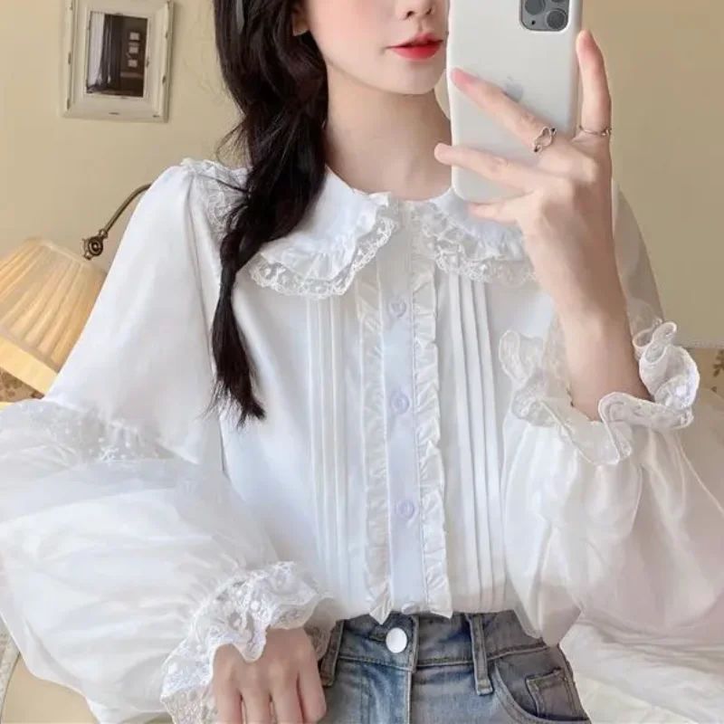 Sweet Lolita Shirt White Elegant Women Preppy Style Blouses Cute Peter Pan Collar Lace Ruffle JK Shirts Girls Long Sleeve Top