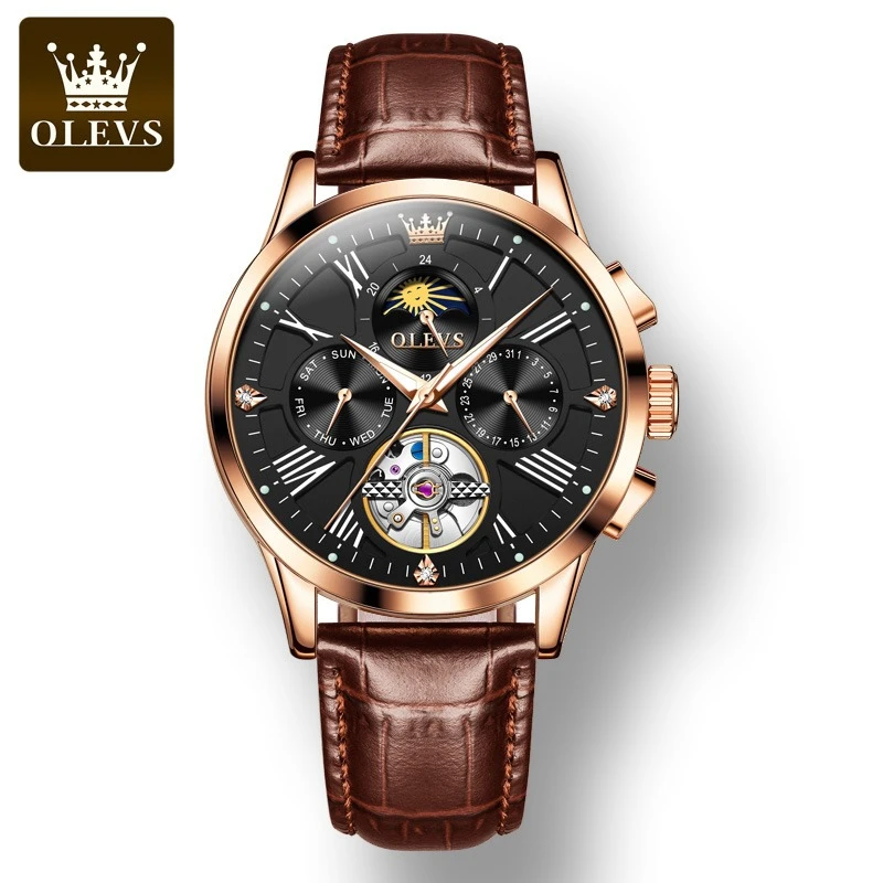 OLEVS 9912 Mechanical Business Watch Genuine Leather Watchband Round-dial Moon Phase Week Display Calendar Luminous Small second