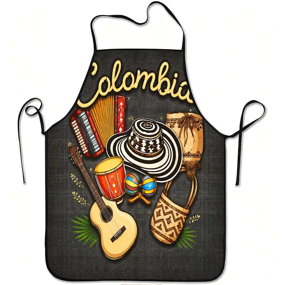 1 delantal estampado estilo colombiano - Diseño con estampado de acordeón, maracas, sombrero de paja tradicional y otros elementos icónicos colombianos