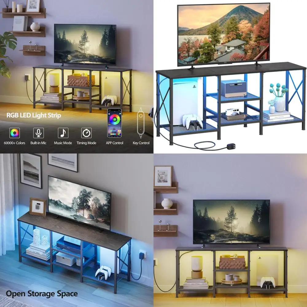 

55 Inch TV Stand with LED Lights, 3-Tier Entertainment Center, Living Room/Bedroom Console Table, Black