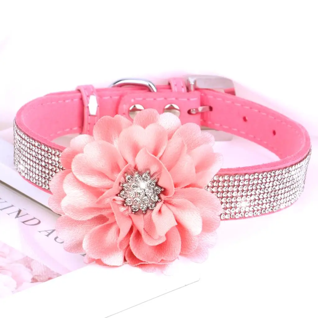 Flower Crystal Dog Collar Sparkly Rhinestone Soft Dog Cat Pink Collars Suede Pet Necklace Accessory for Small Medium Dogs Cats