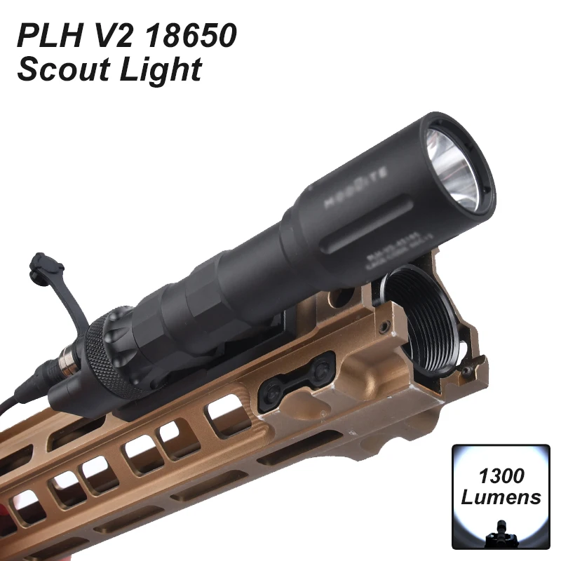 WADSN PLHv2 18650 White LED Airsoft Weapon Rifle Flashlight Hunting High Power Scout Light 1300Lumens with Metal Dual Tailcap