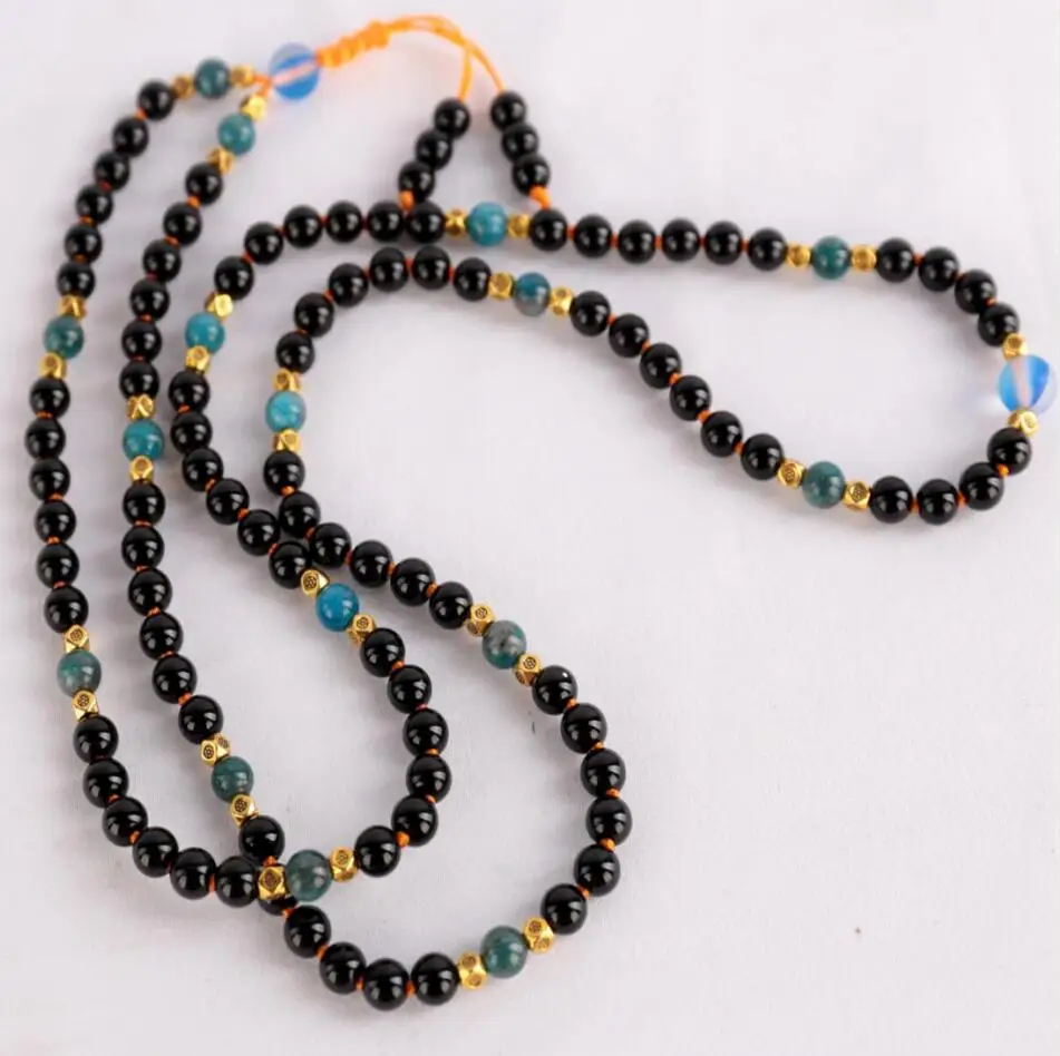 6mm 108 knot Natural black agate apatite gold Tassel Necklace Enthusiasts Meditation Tranquility Wood Men's Beads Yoga Yoga