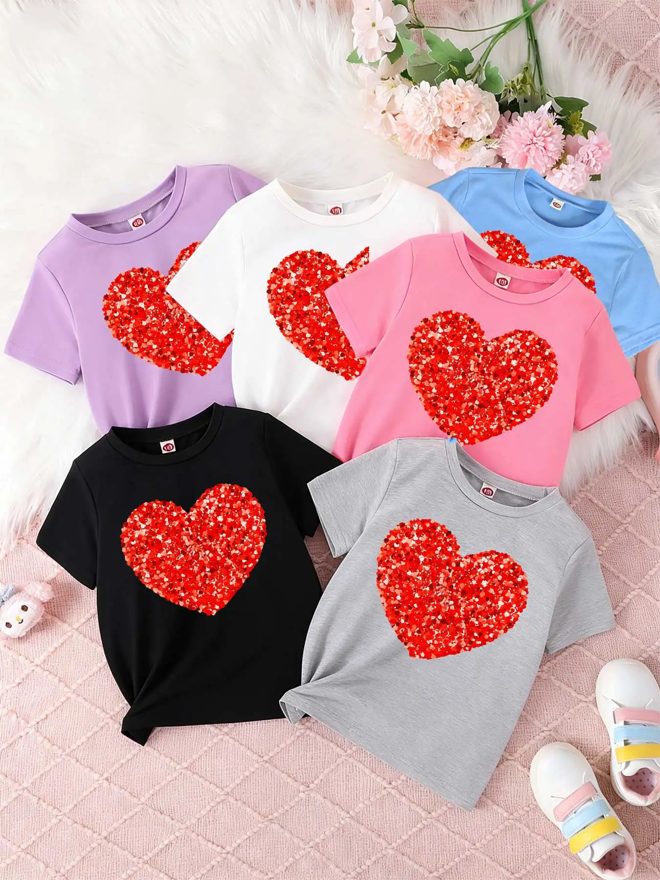 Camisetas de manga corta para niños y niñas, holgadas y transpirables, corazón rojo, corazón moteado, ilustración de corazón, amor