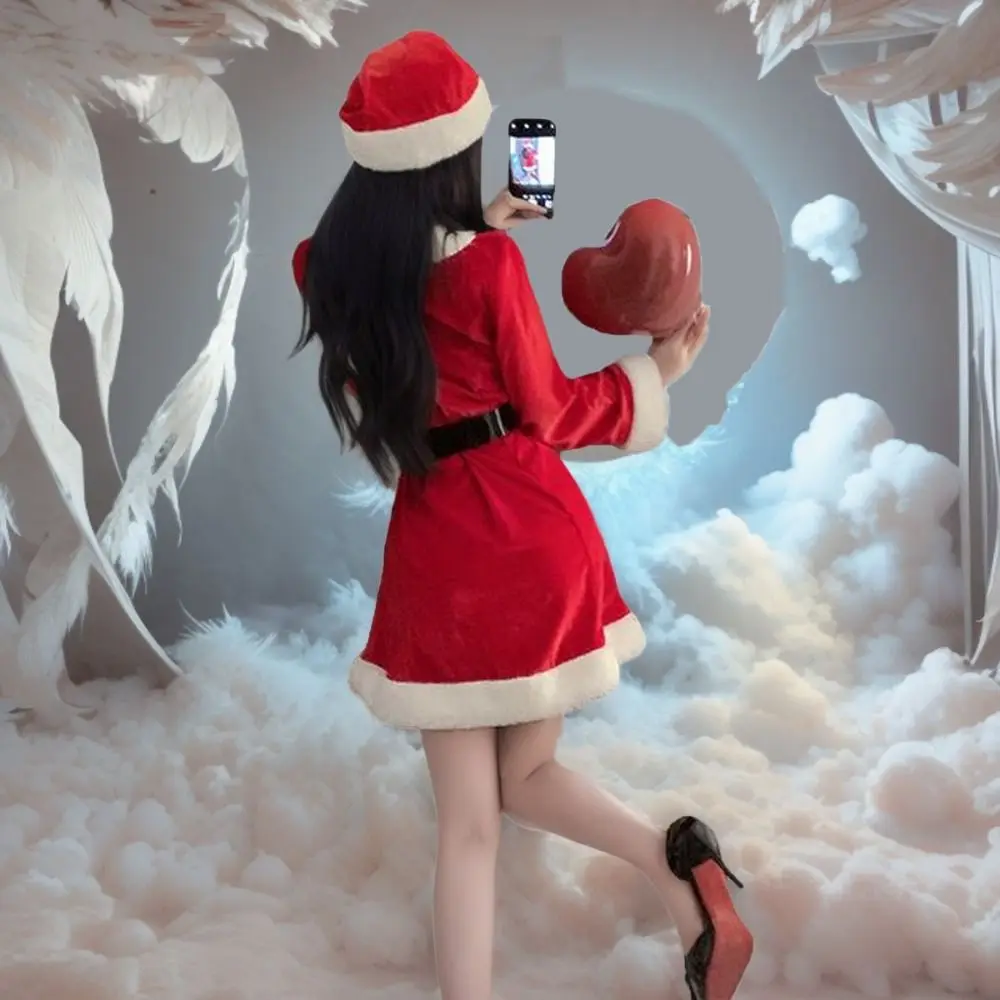 

Velvet Christmas Dress Women Pajamas New Year Red Dress Suit High Waist Slim Fit Long Sleeve Nightwear Home