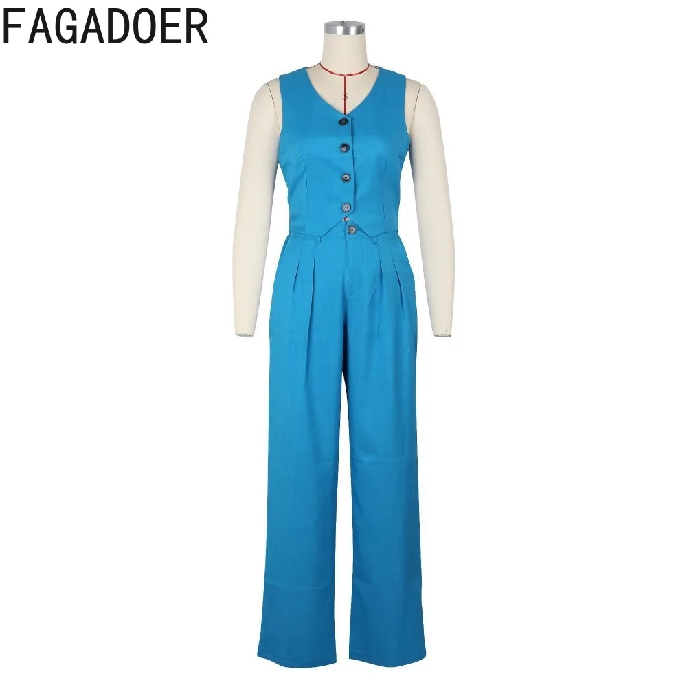 FAGADOER Elegant Lady Solid Color Office Wide Leg Pants Two Piece Sets Women V Neck Sleeveless Button Top And Pants Outfits 2024