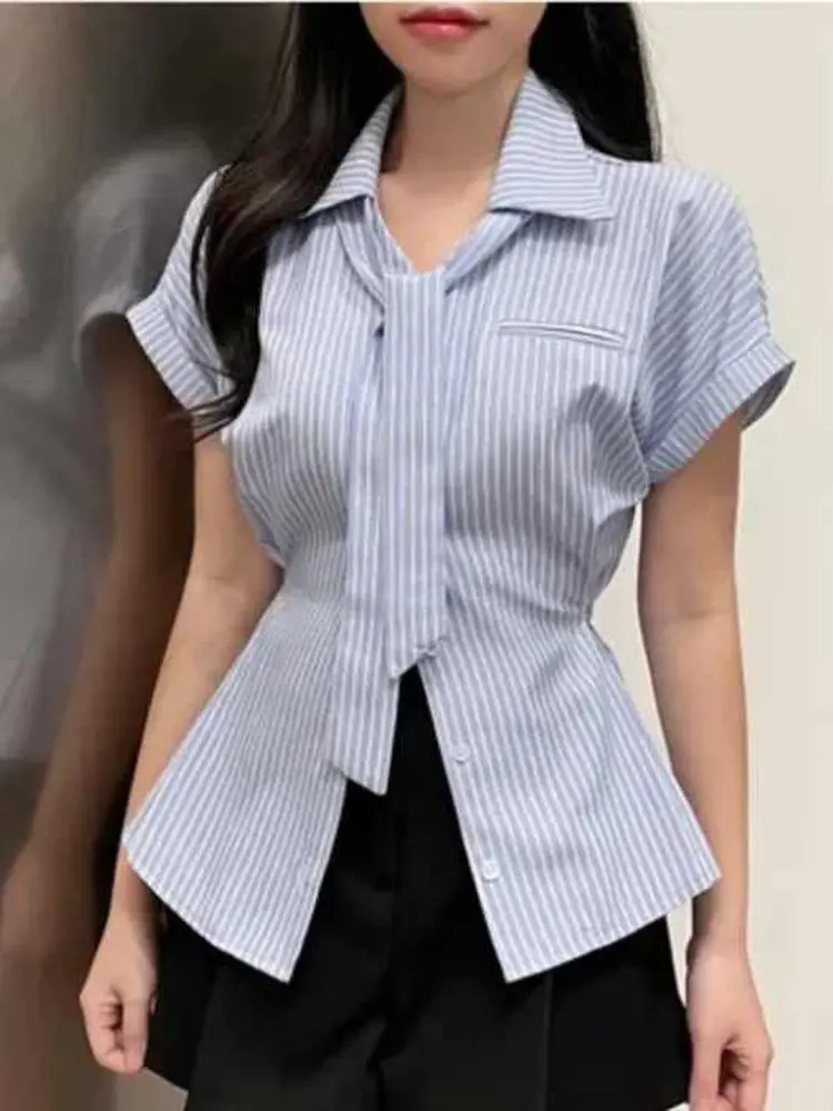 

Sweet Waist-Cinching Korean Sle Women's irt Knot Stripe Top Slimming Effect Regular Fit ort Sve Ne