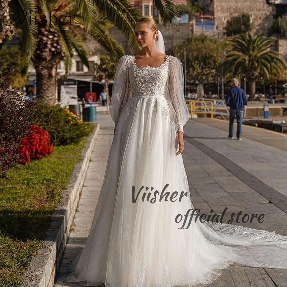 

Viisher Boho Wedding Dresses for Bride Long Sleeve Square Neck Lace Appliques Tulle Bridal Gowns with Train Long Wedding Dress