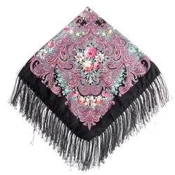 90*90cm Women Russian Scarf Luxury Floral Print Square Bandana Ethnic Fringed Shawl Babushka Handkerchief Blanket Scarves