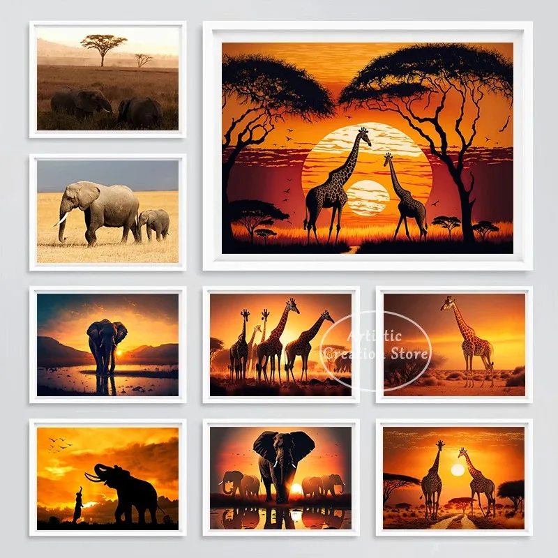 Kenya African Grassland Scenery Elephant Giraffe Animals Sunset Posters Canvas Prints Wall Art Pictures Living Room Home Decor