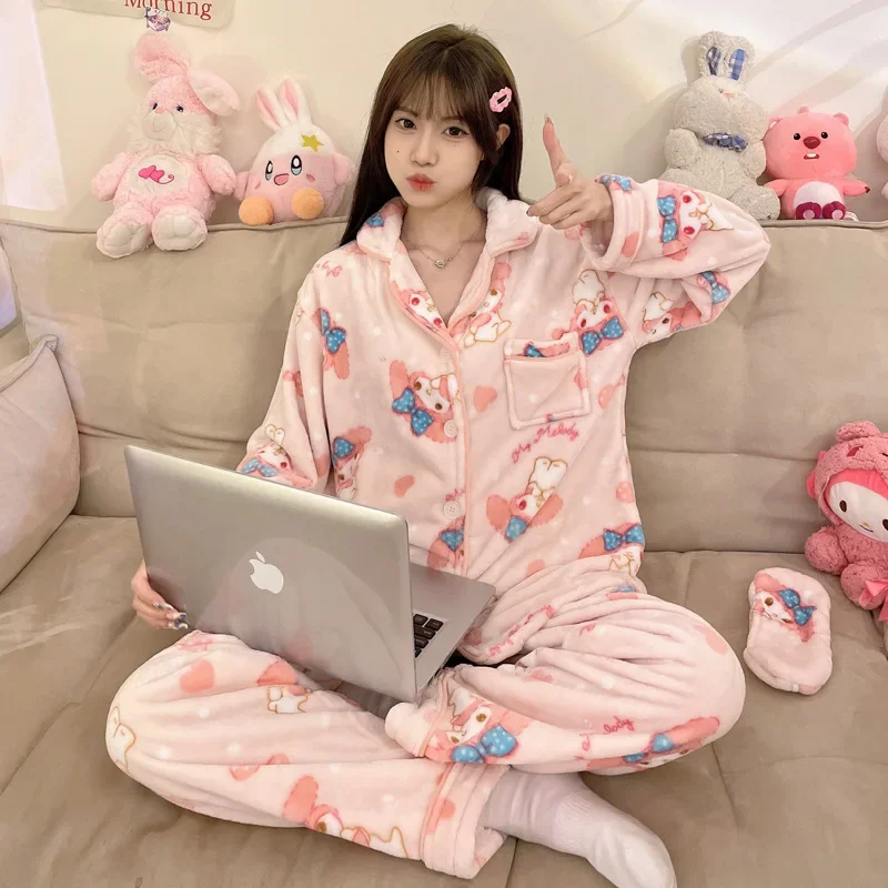 

New Sanrio Kawaii Anime Cartoon series My melody Coral fleece women's winter fleece-lined thick long sleeve sweet cute pajamas