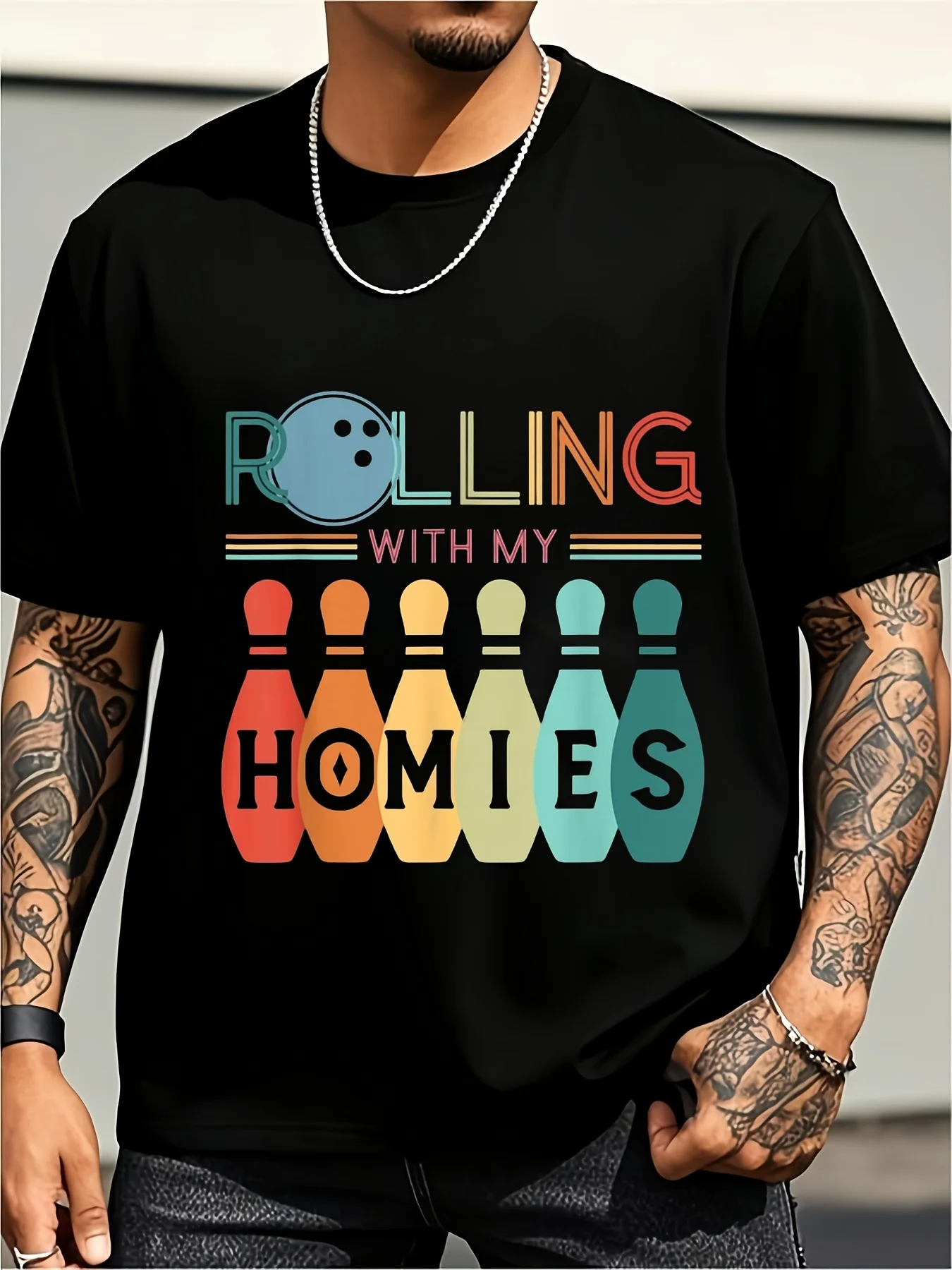 Vintage Bowling T-Shirt, Fun Bowling Shirt, Roll with Your Brothers, Same Style for Men and Unisex, Summer Short-Sleeve Printed Plain Round Neck Regular Fit Vintage Style, All-Season Plus Size Retro Casual Round Neck Printed T-Shirt, Unisex, Plus Size