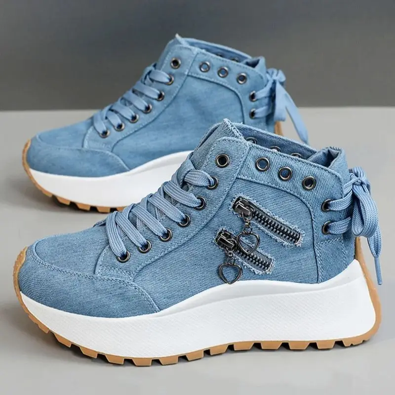 

Women's Thick-Soled Denim High-Top Casual Sports Shoes Muffin Style Trendy Versatile Outdoor Running Jogging Footwear for Spring