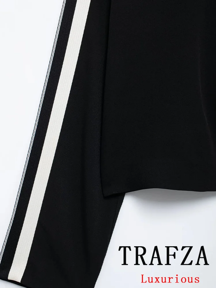 TRAFZA Vintage Casual Chic Women Suit Striped Zipper Jackets Wide Leg Long Pants New Fashion 2024 Autumn Winter Sports Suit