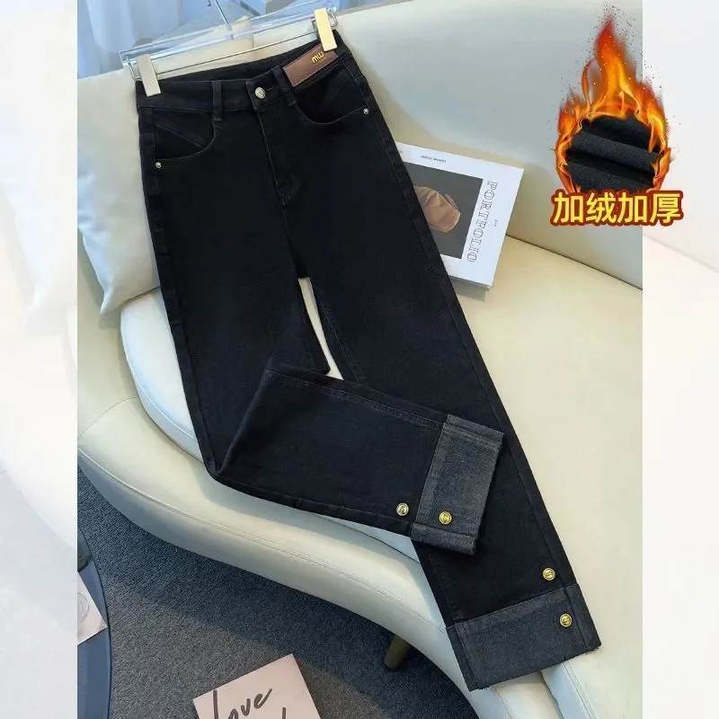 جينز أسود مستقيم الساق للنساء جديد عالي الخصر سروال دينم غير رسمي مرن لخريف وشتاء 2025 سروال سميك دافئ بطول الكاحل #2
