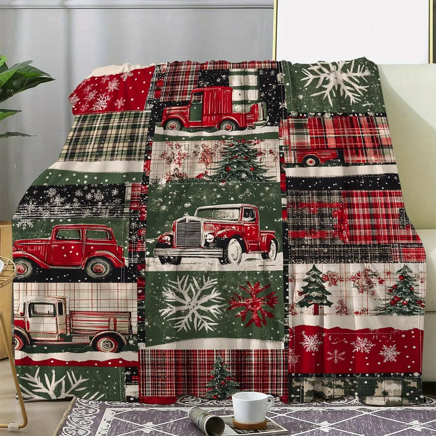 Couverture de Noël en glouton confortable avec arbre de voiture vintage et design flocon de neige, jeté doux et chaud pour canapé, lit, bureau, camping, polyvalent