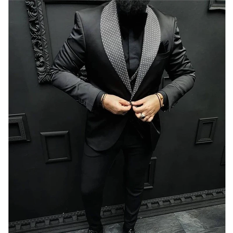 

Check Dots Black Men Suits Shawl Lapel Formal Wedding Groom Tuxedos Italian Style Slim Fit Prom Blazer 3 Pcs (Jacket+Pant+Vest)