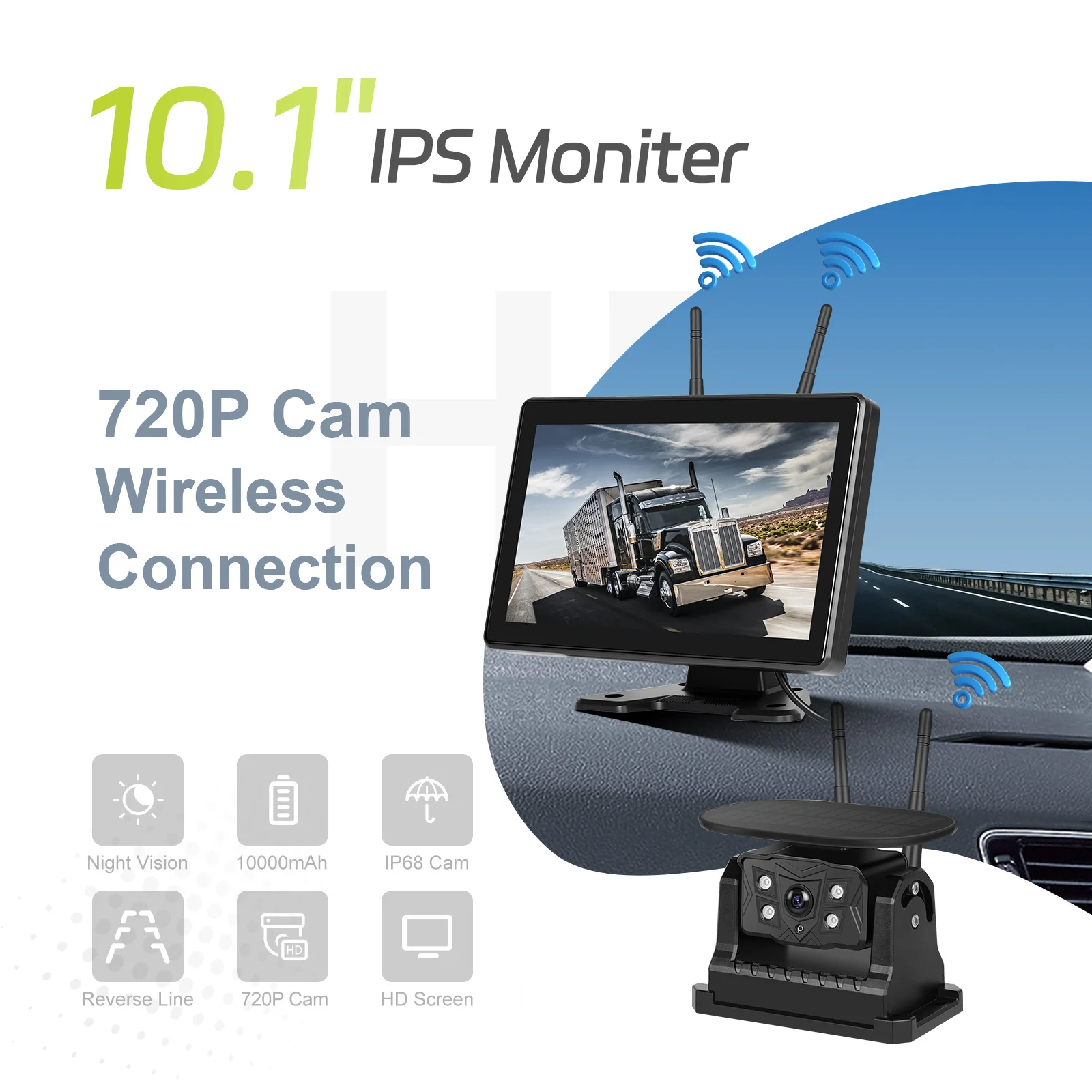 Degreat 10,1" IPS HD-Display Auto-Rückfahrmonitor + Kabellose Solar-Rückfahrkamera mit Aufnahmefunktion 720P Rückfahrkamera