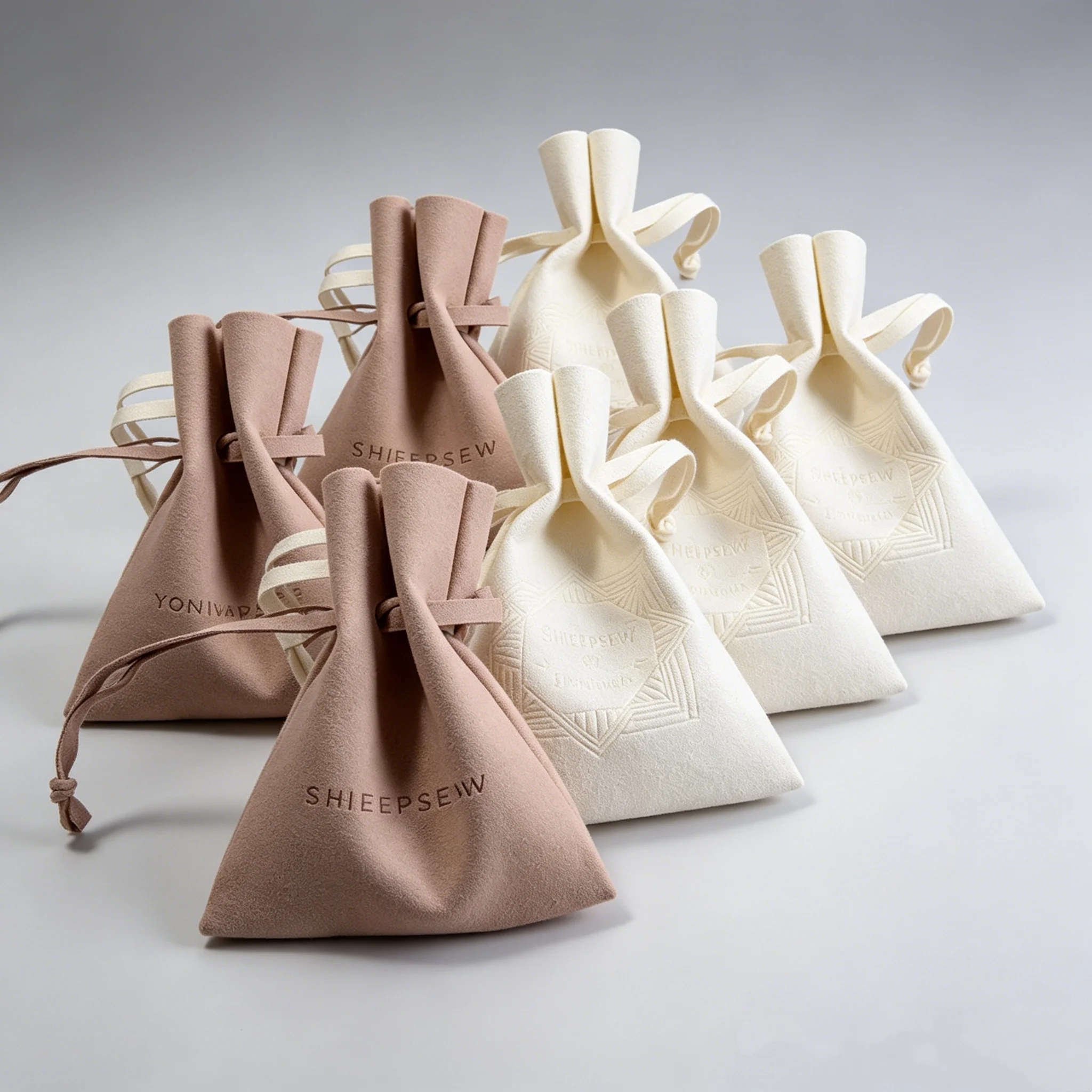 

Мешочки для украшений из микрофибры и замши SheepSew, бежево-розовые, на шнурке, с тисненым логотипом, для хранения ожерелий и колец