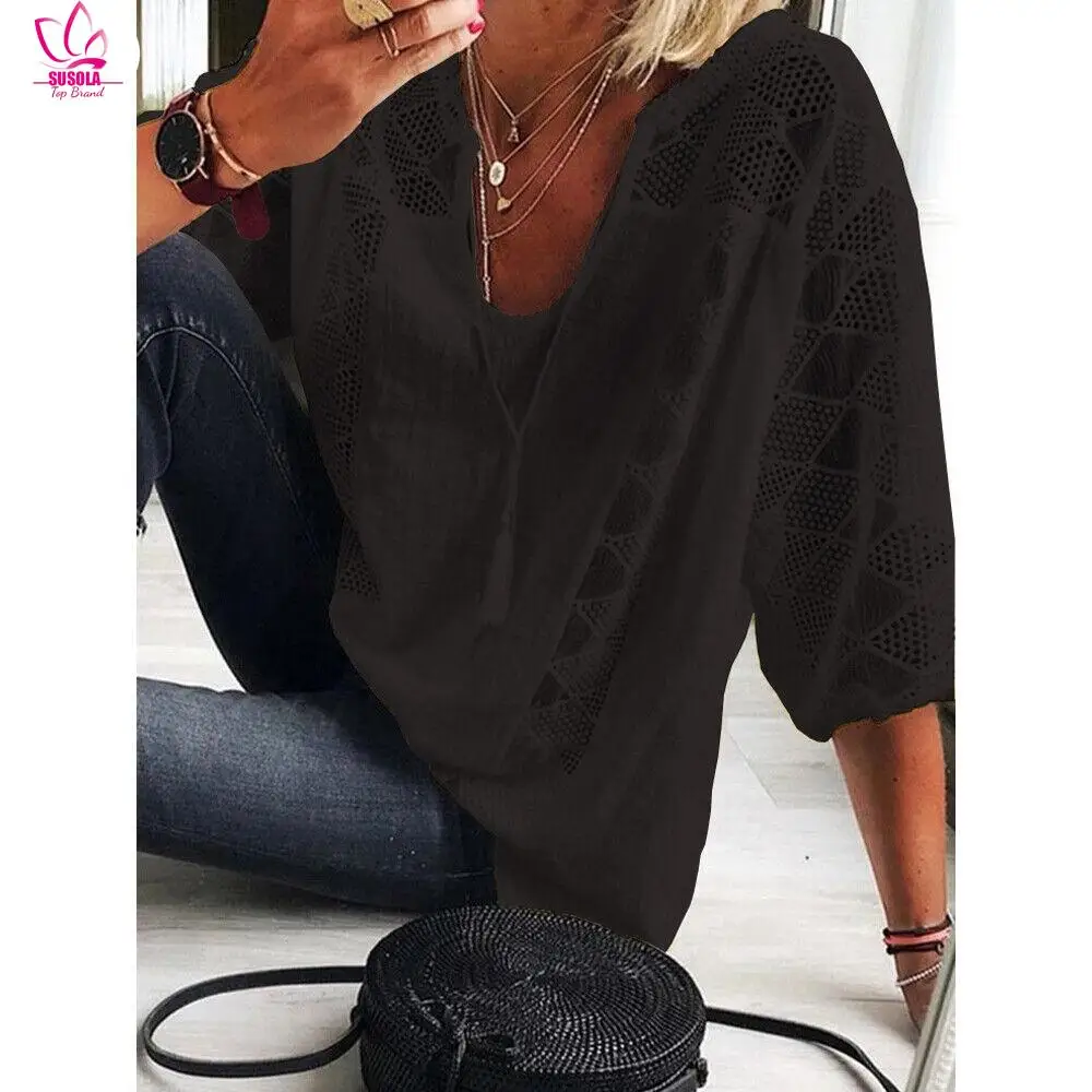 SUSOLA y2k Women's blouse 2024 Spring/Summer Cotton Lace Shirt Spliced U Neck 3/4 Sleeve Top Women's Solid Loose Blouse