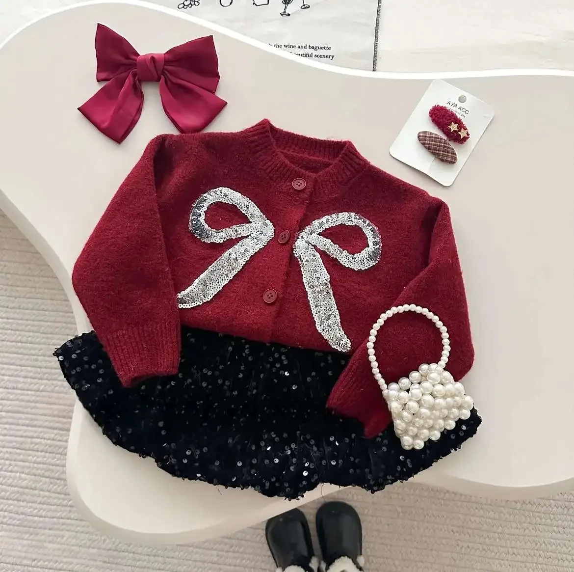Kinder Mädchen Niedlichen Pullover + Glänzenden Rock Mode Set Zarte Prinzessin Koreanische Langarm Bögen Stricken Strickjacke Mantel Hohe Taille a-l