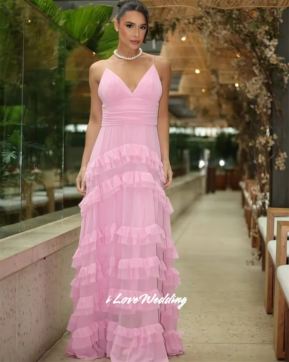 Pink Spaghetti Strap Prom Dresses Chiffon V-Neck A-Line Ruffles Backless Sleeveless Multi-Layered Floor-Length Pleated Customize