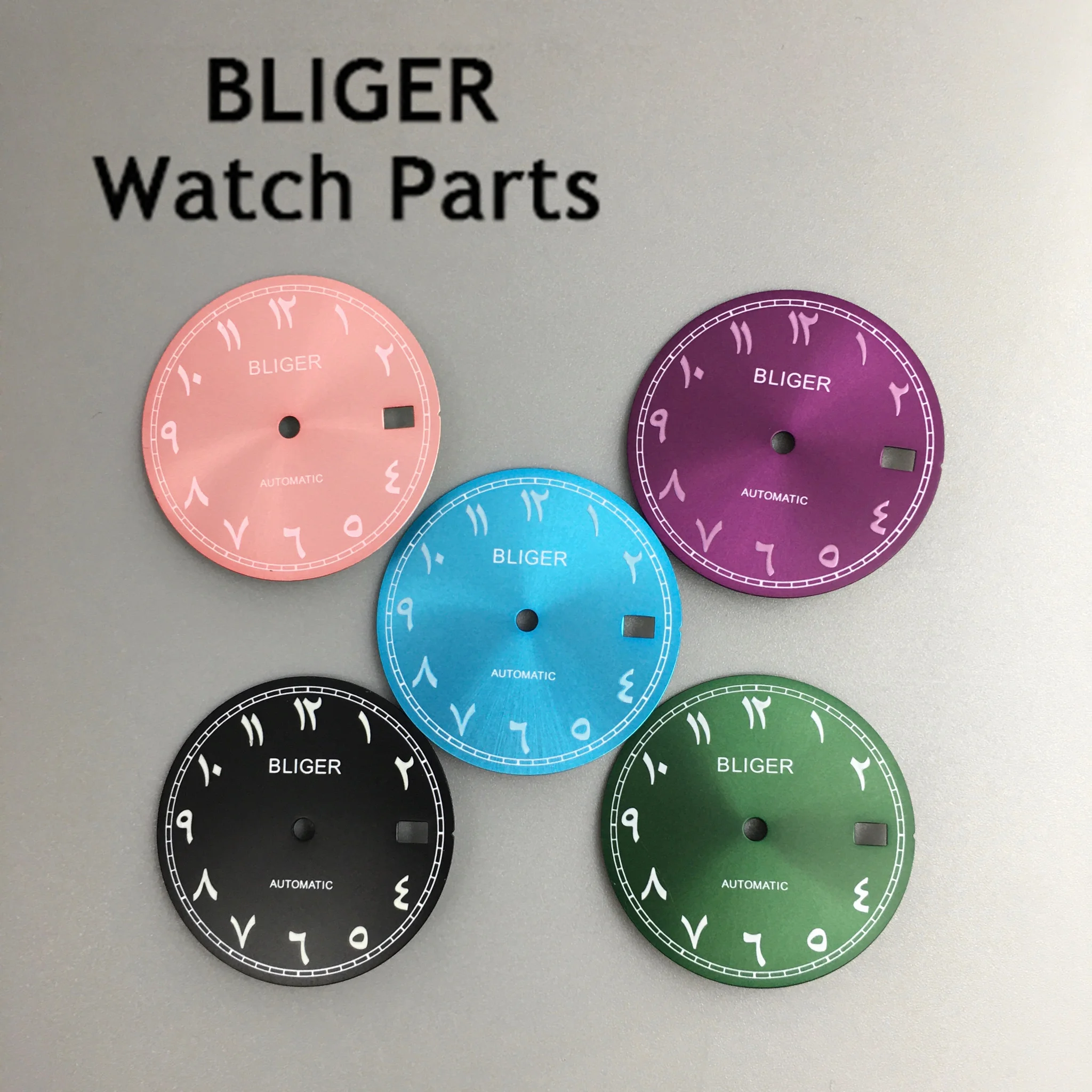 BLIGER 29mm black blue green pink purple watch dial luminous fit NH35 movement