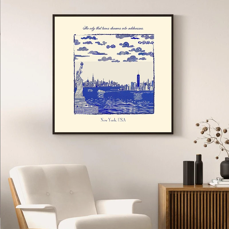 الأزرق بناء البساطة السفر سان فرانسيسكو نيويورك روما شنغهاي المشارك قماش لوحات صور فنية للجدران هدايا ديكور المنزل