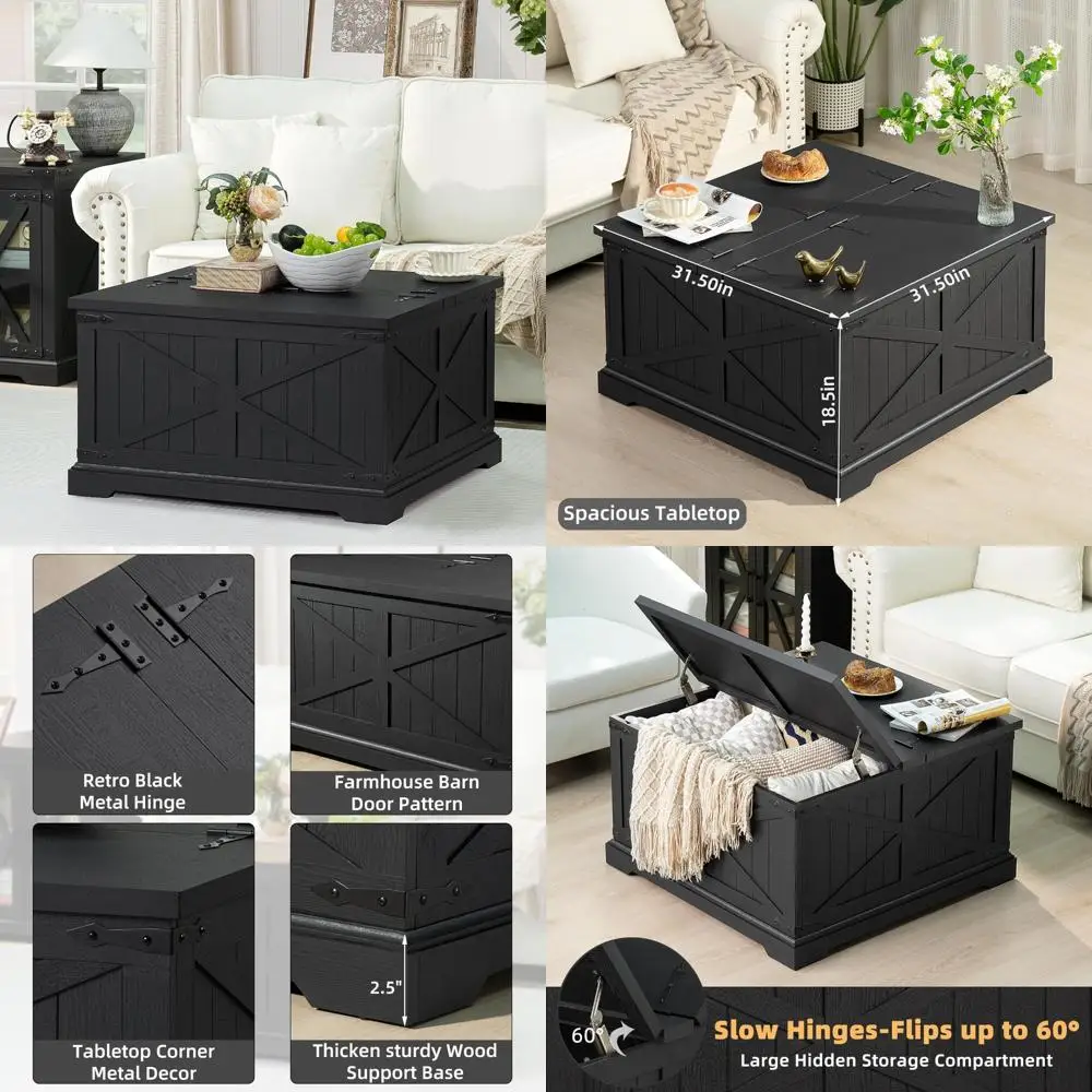 Черный журнальный столик в деревенском стиле с большим скрытым хранилищем, современная квадратная деревянная центральная часть для гостиной