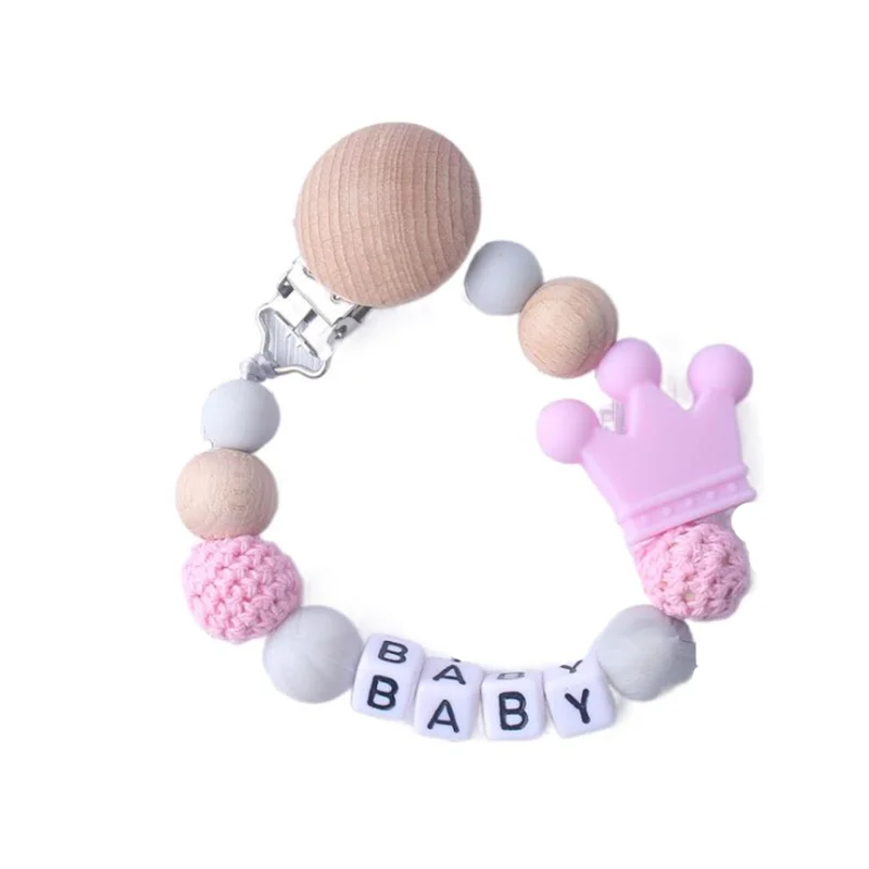 Personalized Name 1pcs Pink Pacifier Clips Crochet Beads Silicone Crown Dummy Chain Holder Baby Shower Gift