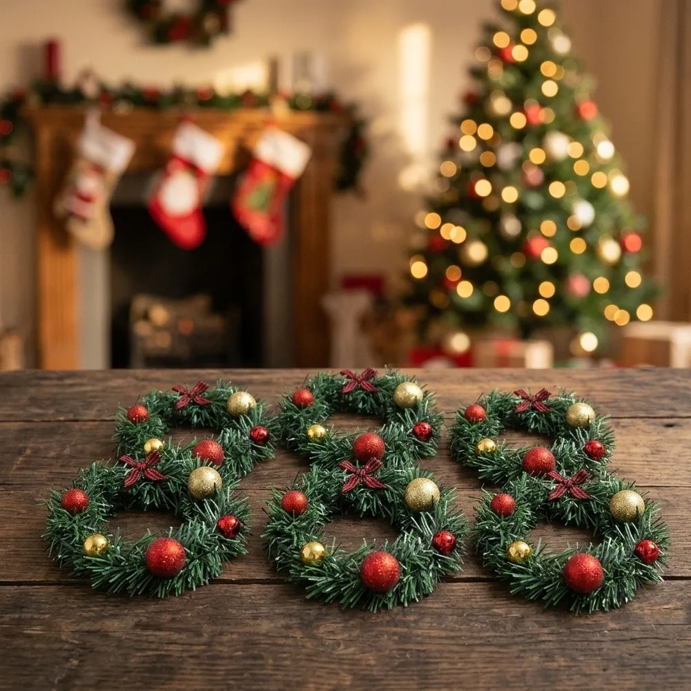 6PCS For Mini Wreath Ornaments Christmas For Decor Faux Pine Greenery Red Gold Baubles Fabric Bow for Tabletop Seasonal Display
