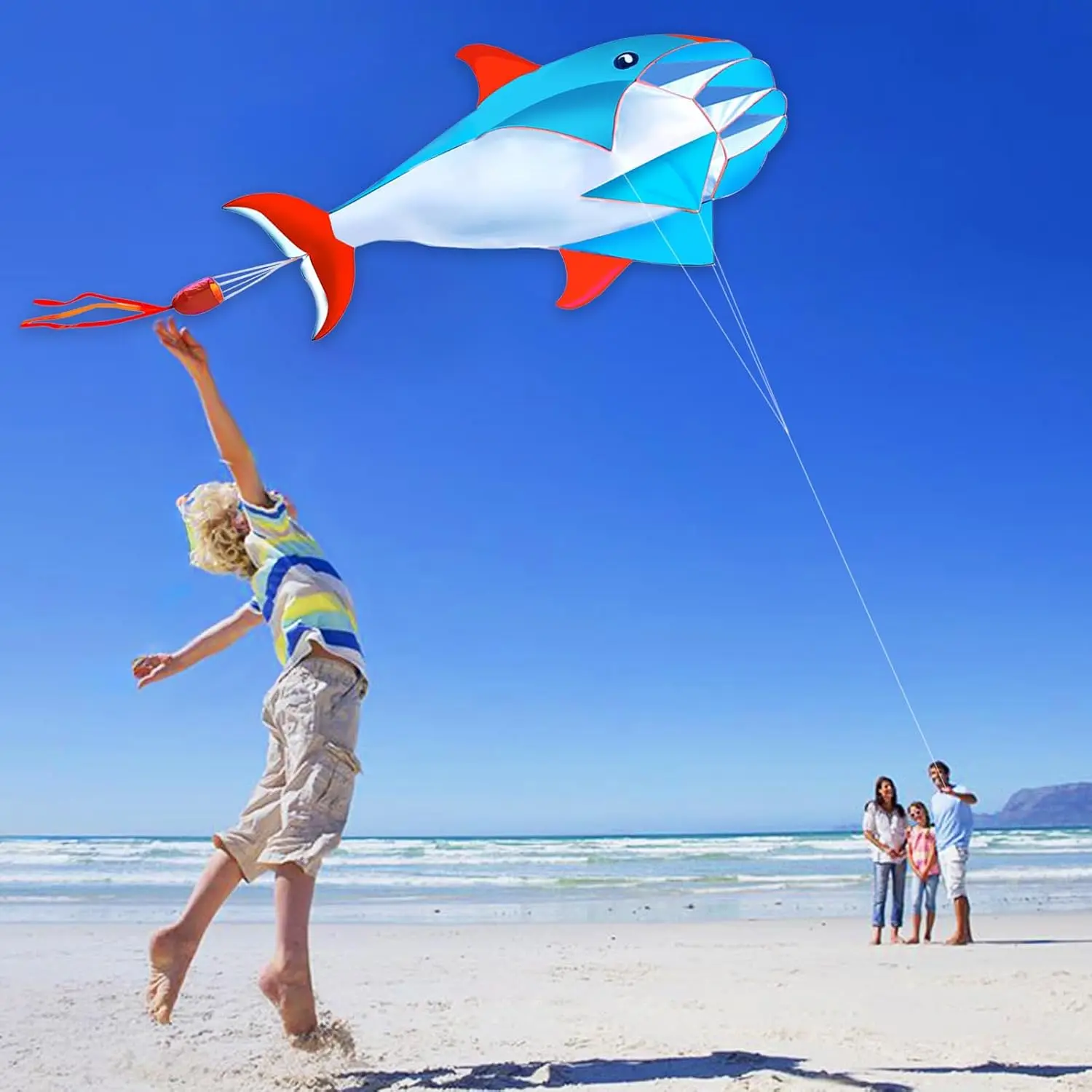 جديد وصول في الهواء الطلق متعة الرياضة خط واحد البرمجيات 57 بوصة الأزرق دولفين طائرة ورقية / الحيوان الطائرات الورقية مع 14 سنتيمتر عجلة خضراء تحلق جيد