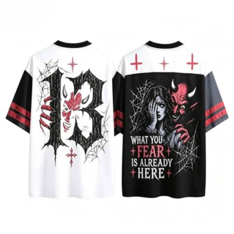 Unisex Gothic Devil Spider Web Print V Neck Sports Jersey Men Women Quick Dry Short Sleeve Halloween Streetwear Tee