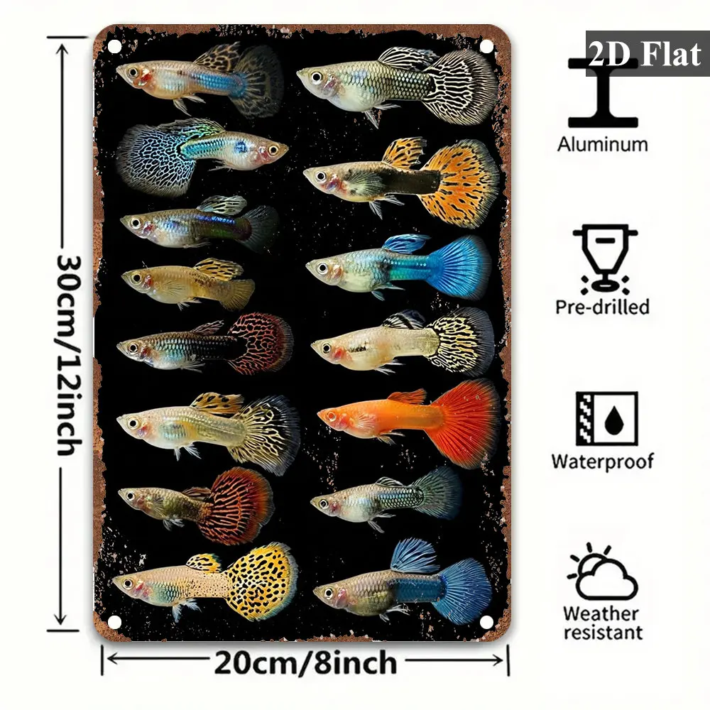 2D Flat - A Two-Dimensional Vintage Metal Wall Art Piece Showcasing Various Species of Guppy Fish in Multiple Colors And Sizes